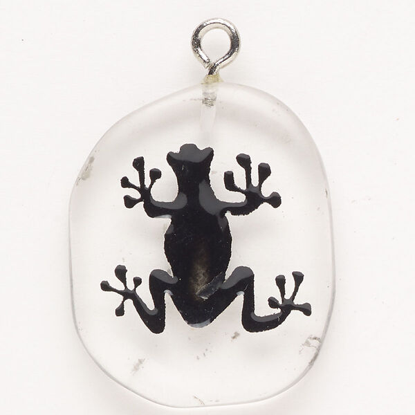 Focal, steel/glass/enamel, pkg/1, silver finish/clear/black, 30x24mm-39x27mm single-sided puffed freeform with frog. image number 0