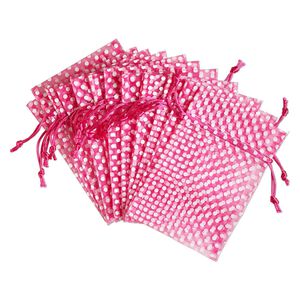 Pouch, organza, hot pink and white, 6x4 inches with dots pattern and drawstring closure. Sold per pkg of 12.