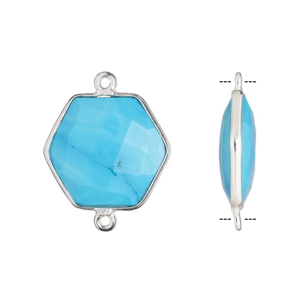 Link, "turquoise" (imitation) resin and sterling silver, blue, 18x17mm-20x18mm hand-cut double-sided faceted hexagon. Sold individually. image number 0