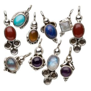 Multi-gemstone / sterling silver 1pkg10, mixed shape drop mix antiqued 14x9mm-24.5x9mm