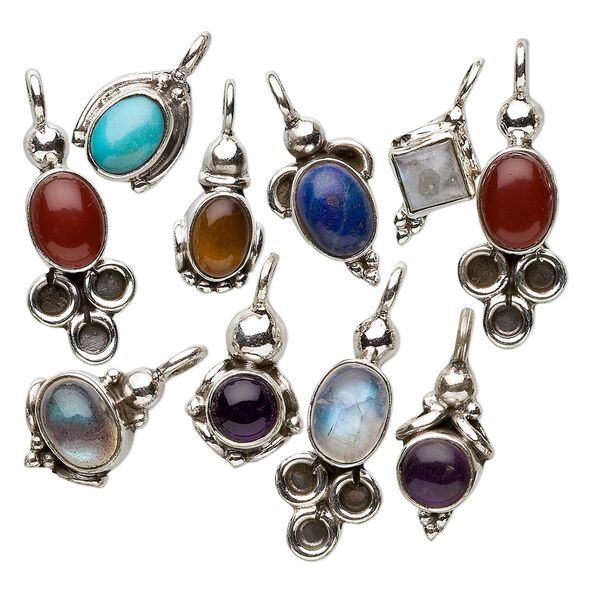 Multi-gemstone / sterling silver 1pkg10, mixed shape drop mix antiqued 14x9mm-24.5x9mm image number 0