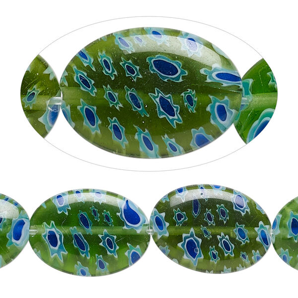 Bead, millefiori glass, translucent dark green multicolored, 18x13mm puffed oval. Sold per 15-inch strand, approximately 20 beads. image number 0