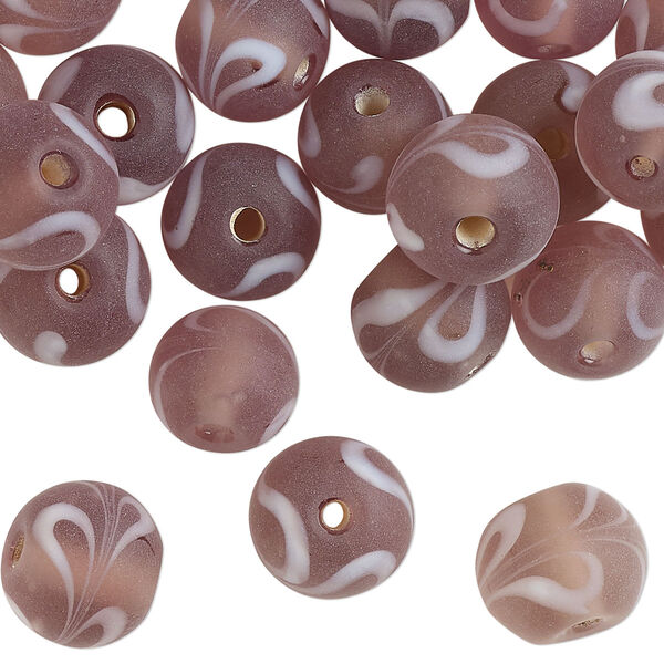 Bead, lampworked glass, translucent pink and white, 10mm round with swirl design. Sold per 2-ounce pkg, approximately 35 beads. image number 0