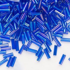 Bead, Preciosa Ornela Czech glass, bugle bead, pkg/50g, 1/4 inch, rainbow translucent medium blue, (31080).