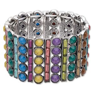 Bracelet, stretch, acrylic and silver-finished "pewter" (zinc-based alloy), multicolored, 38mm wide with rectangle and circle design, 6-1/2 inches. Sold individually.