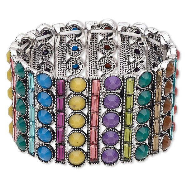 Bracelet, stretch, acrylic and silver-finished "pewter" (zinc-based alloy), multicolored, 38mm wide with rectangle and circle design, 6-1/2 inches. Sold individually. image number 0