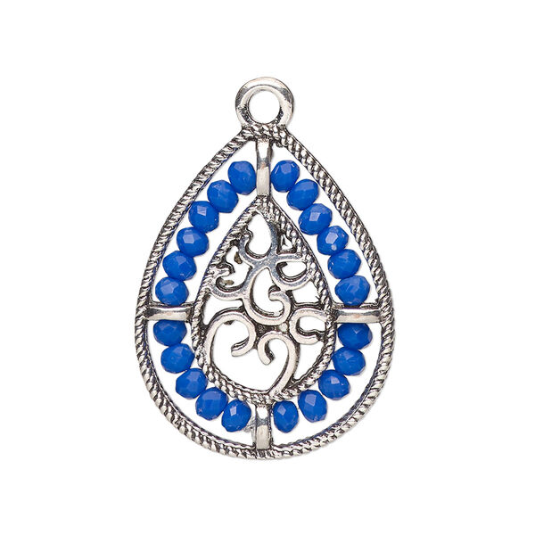 Drop, antique silver-finished "pewter" (zinc-based alloy), cobalt blue, 27.5 x 21.5mm teardrop with hearts and beaded border. Sold per pkg of 2. image number 0