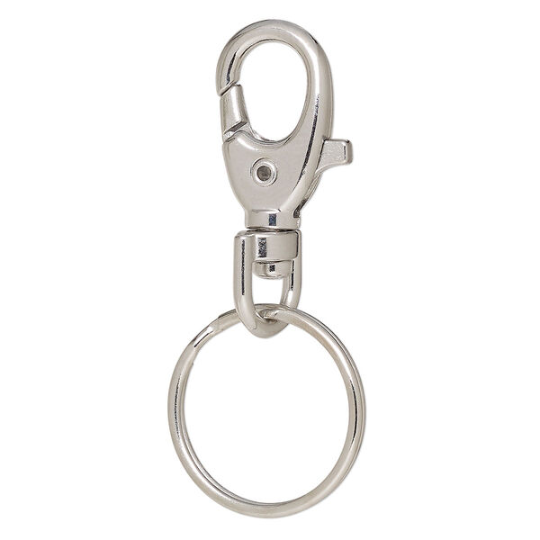 Key ring, imitation rhodium-finished brass and steel, 59x25.5mm overall with 25.5x14.5mm self-closing lobster claw on a swivel and 25.5mm split ring. Sold per pkg of 5. image number 0