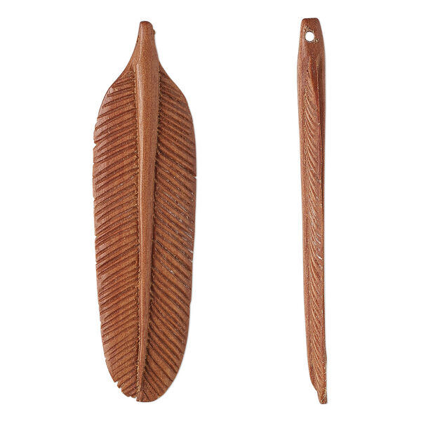 Focal, sawo wood (natural), medium brown, 61x16mm hand-carved side-drilled double-sided feather. Sold per pkg of 2. image number 0