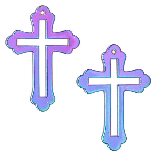 Focal, electroplated Hemalyke™ (man-made), rainbow, 48.5x34mm double-sided open cross. Sold individually. image number 0