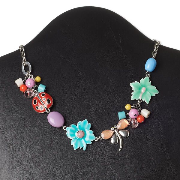 Necklace, abalone shell (dyed) / acrylic / glass / glass rhinestone / antique silver-plated brass / "pewter" (zinc-based alloy) / steel, multicolored, nature theme, 16 inches with 3-inch extender chain and lobster claw clasp. Sold individually. image number 0