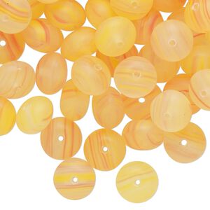 Bead, glass, translucent yellow-orange and red, 9x6mm rondelle. Sold per 2-ounce pkg, approximately 80 beads.