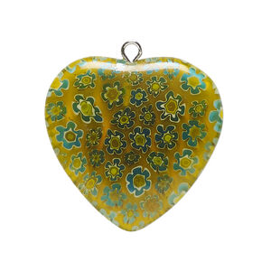 Focal, millefiori glass and silver-finished steel 1pkg1, translucent green and multicolored, 29-30mm puffed heart.