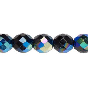 Bead, Czech fire-polished glass, jet AB, 10mm faceted round. Sold per 15-1/2" to 16" strand.