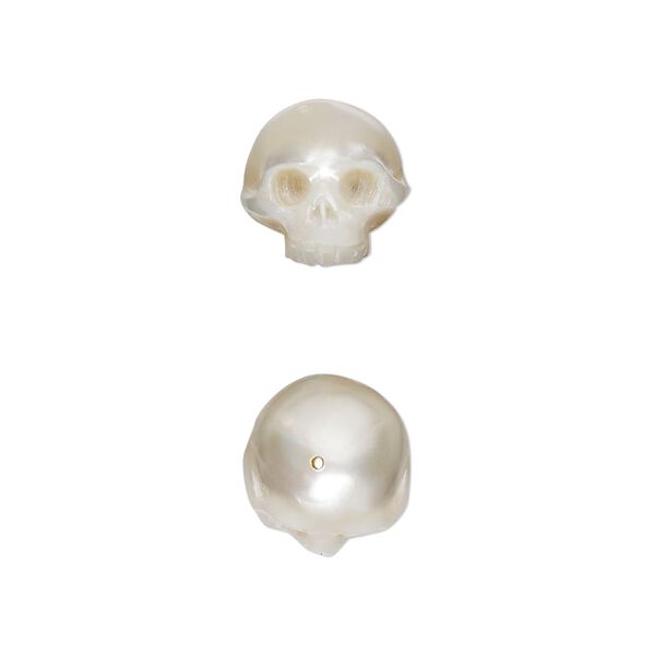 Bead, cultured freshwater pearl shell (natural), 10x9mm - 12x11mm hand-carved 3D half skull, Mohs hardness 3-1/2. Sold individually. image number 0