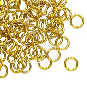 Jump ring, anodized tempered aluminum, gold, 8mm round, 5.6mm inside diameter, 17 gauge. Sold per pkg of 100.
