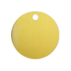 Drop, anodized aluminum, gold, 25.5mm double-sided flat round blank with 3mm hole, 20 gauge. Sold per pkg of 10.