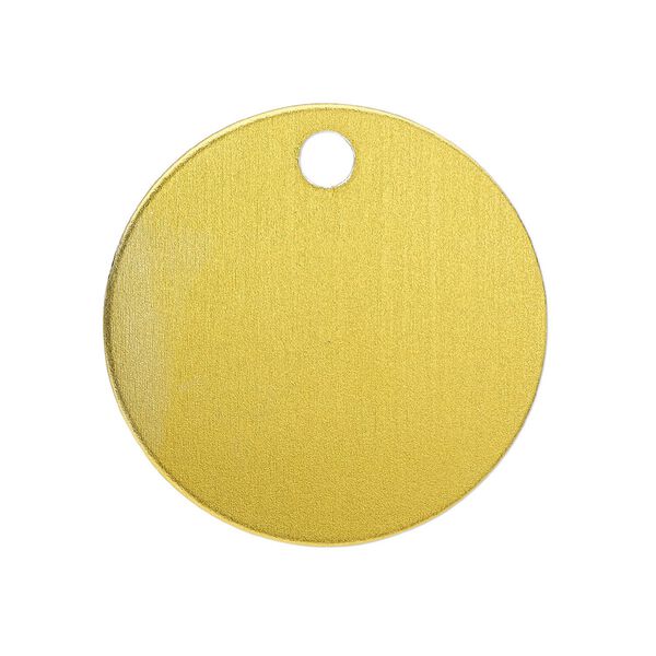 Drop, anodized aluminum, gold, 25.5mm double-sided flat round blank with 3mm hole, 20 gauge. Sold per pkg of 10. image number 0