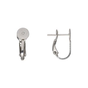 Earring 1pkg4, 15mm hinged earstud / 6mm flat pad / 6mm round setting, 21 gauge stainless steel 2 pair