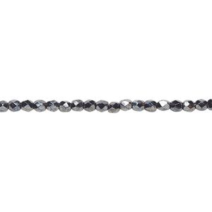Bead, Czech fire-polished glass, opaque hematite, 2.4-2.6mm faceted round. Sold per 8-inch strand, approximately 80 beads.