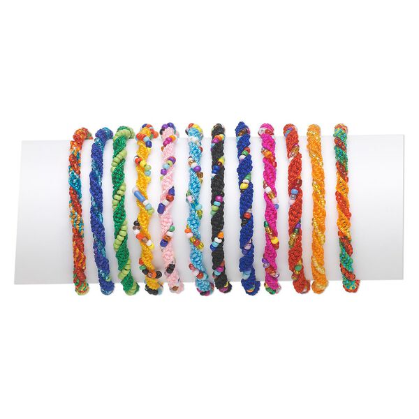 Bracelet mix, nylon and glass, multicolored, 4-5mm wide, adjustable from 6-8 inches with tie closure. Sold per pkg of 12. image number 0