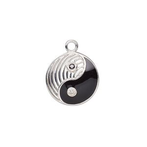 Charm, sterling silver / cubic zirconia / enamel, black and clear, 16mm single-sided domed round with yin-yang design and cutout stripes. Sold individually.