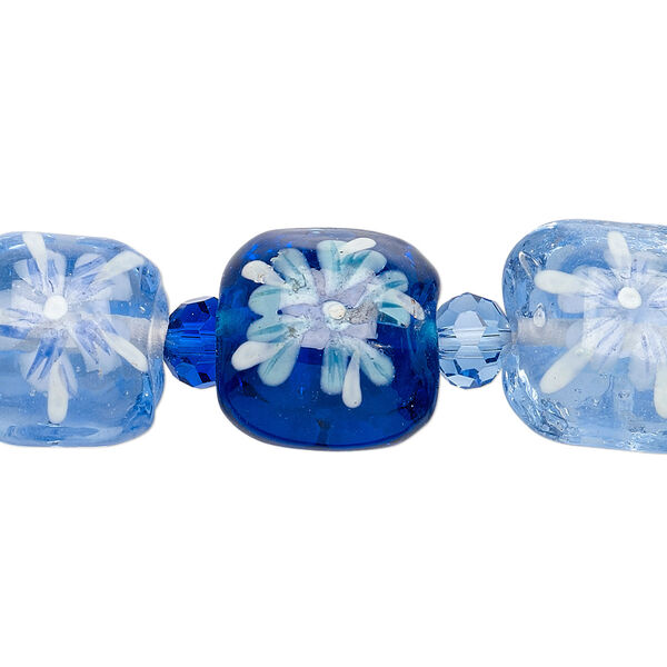 Bead, glass and hand-painted lampworked glass, opaque light blue / dark blue / white, (10) 6mm faceted round and (9)14mm double-sided puffed square with flower design. Sold per approximately 7-inch strand. image number 0
