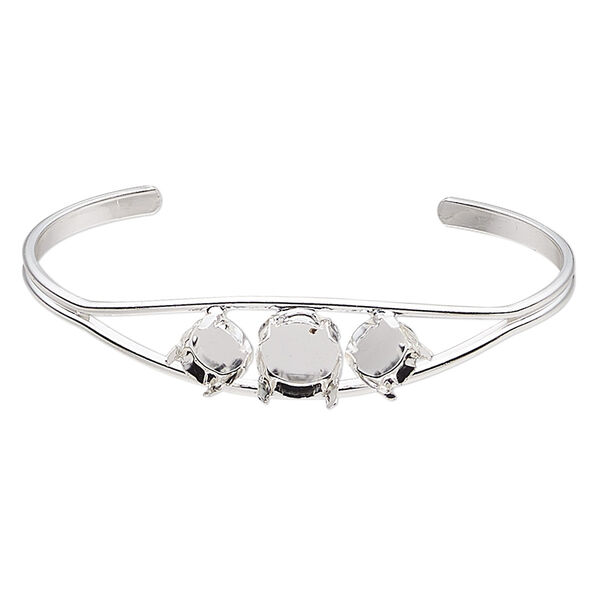 Bracelet, cuff, silver-finished brass, 12mm wide with (1) SS47 4-prong rivoli setting and (2) SS39 4-prong rivoli settings, 7 inches. Sold individually. image number 0