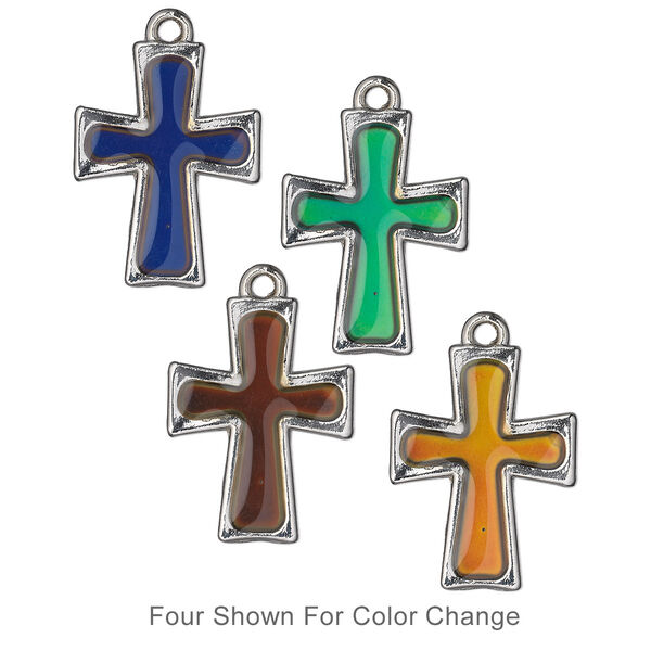 Drop, acrylic and imitation rhodium-finished "pewter" (zinc-based alloy), multicolored, 26x20mm color-changing single-sided cross. Sold per pkg of 2. image number 0