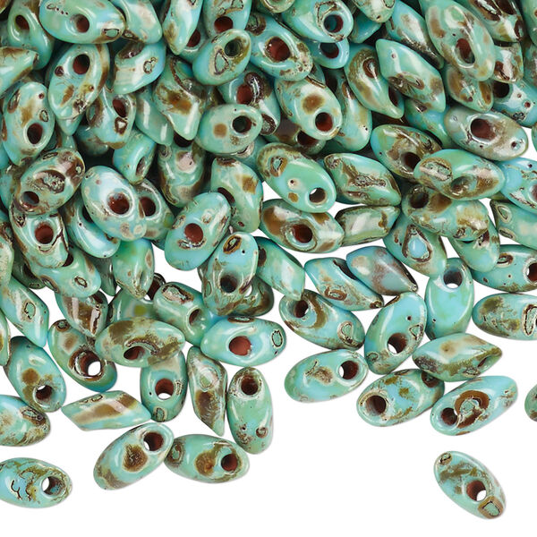 Seed bead, Miyuki, glass, pkg/10g, 7x4mm long magatama, opaque Picasso antique turquoise blue (LMA-4514). image number 0