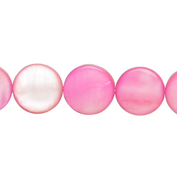 Mother-of-pearl shell 1pkg1, puffed flat round bead 15 inch hot pink 12-13mm image number 0