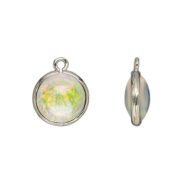 Drop, Opalized Ice™, "opal" (resin) and imitation rhodium-finished brass, opaque white, 14mm double-sided round. Sold per pkg of 4. image number 0