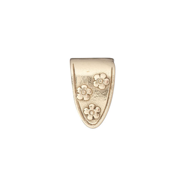 Bail, JBB Findings, fold-over, brass, 15.5x10.5mm shield with flowers, 13mm grip length. Sold individually. image number 0