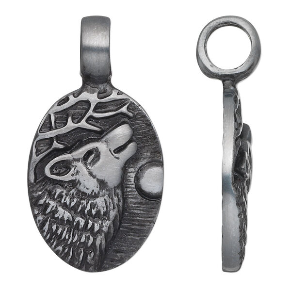 Pendant, "pewter" (zinc-based alloy), 40x21mm single-sided oval with howling wolf. Sold individually. image number 0