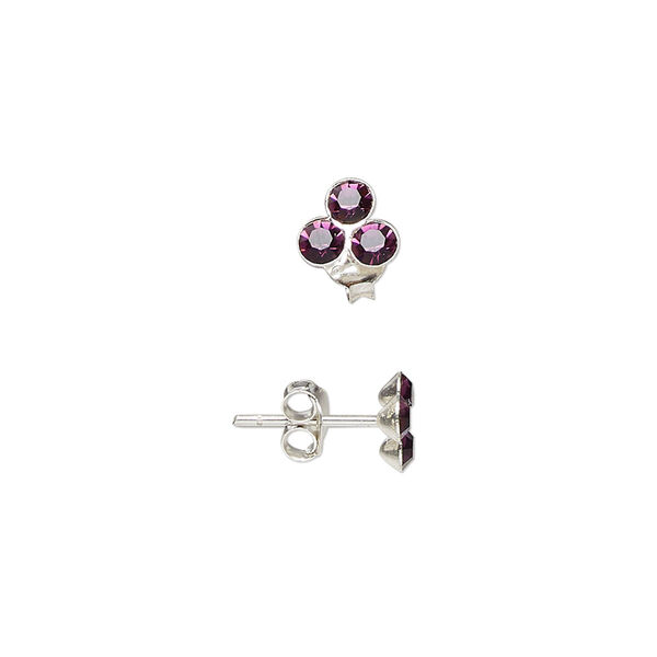 Ear stud, sterling silver and glass, amethyst purple, 6mm triangle. Sold per pair. image number 0