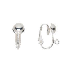 Earring clip-on 1pkg100 silver-plated, 16mm hinged / 6.5mm half-ball / open loop, steel 50 pair