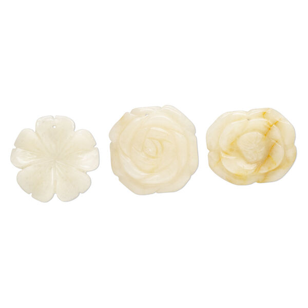 Focal mix, golden "jade" (quartz) (natural), 40x34mm-40x40mm top-drilled carved flower, B grade, Mohs hardness 7. Sold per pkg of 3. image number 0