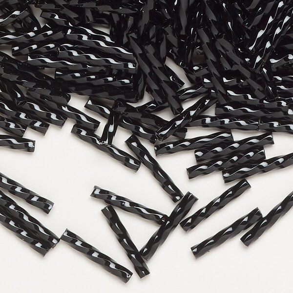 Bugle bead, Dyna-Mites™, glass, opaque jet, 12mm twisted. Sold per 50-gram pkg. image number 0