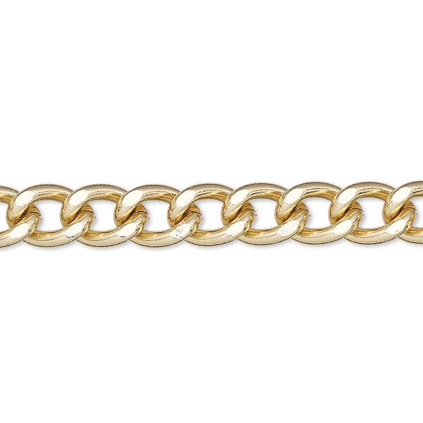 Chain, gold-finished steel, 7mm flat curb. Sold per 50-foot spool. image number 0