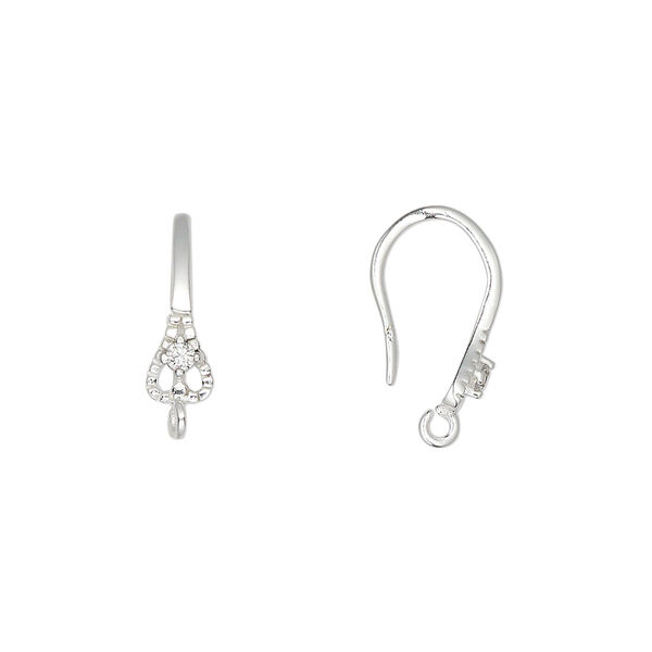 Ear wire, sterling silver and cubic zirconia, clear, 16.5mm fishhook with 6x4.5mm teardrop and open loop, 18 gauge. Sold per pair. image number 0