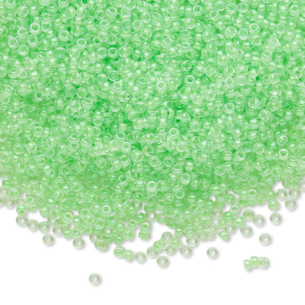 Seed bead, Miyuki, glass, pkg/35g, #15 rocaille, translucent luminous inside dyed color mint green, (RR-1120). image number 0