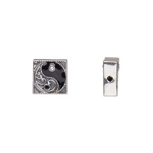 Bead, antiqued sterling silver / cubic zirconia / enamel, black and clear, 10mm square with yin-yang design. Sold individually.