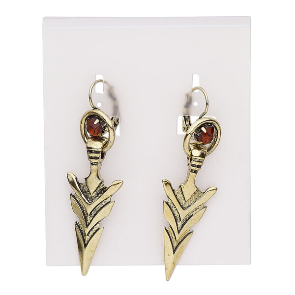 Earring, Czech glass rhinestone / antique gold-finished steel / brass / "pewter" (zinc-based alloy), brown, 2-1/2 inches with arrowhead and leverback ear wire. Sold per pair. image number 0