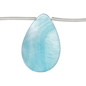 Bead, mother-of-pearl shell (dyed), blue, 30x7mm-31x9mm top-drilled flat teardrop, Mohs hardness 3-1/2. Sold per 14-inch strand, approximately 10 beads.