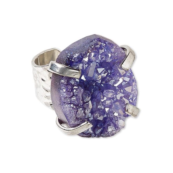 Ring, electroplated druzy agate (coated) and imitation rhodium-plated brass, purple, hammered band with 24x18mm-27x21mm hand-cut freeform, adjustable. Sold individually. image number 0