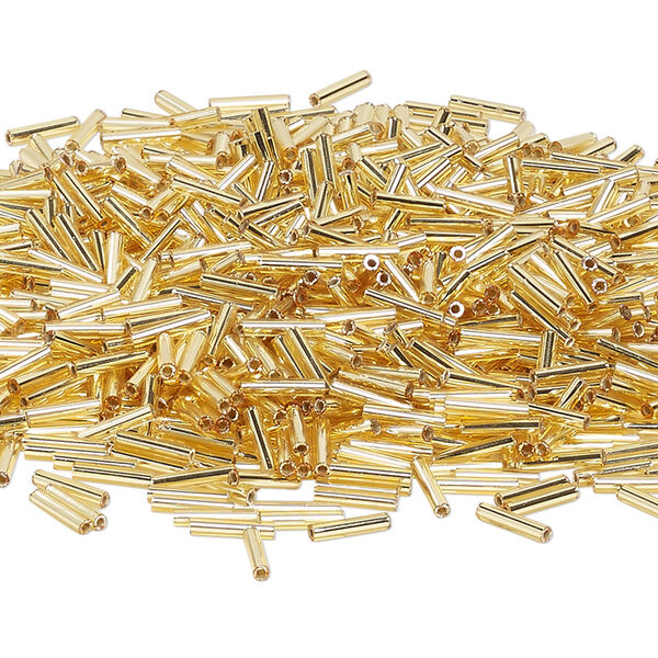 Bead, Miyuki, bugle bead, glass, pkg/50 g, 9x1.9mm center-drilled, silver-lined translucent gold, (RBU-0003). image number 0