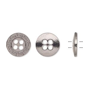 Button, gunmetal-finished "pewter" (zinc-based alloy), 12mm single-sided flat round with Greek key design. Sold per pkg of 50.