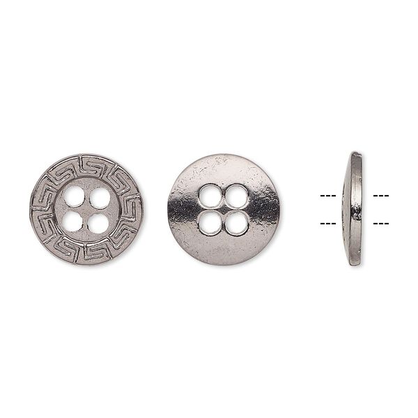 Button, gunmetal-finished "pewter" (zinc-based alloy), 12mm single-sided flat round with Greek key design. Sold per pkg of 50. image number 0