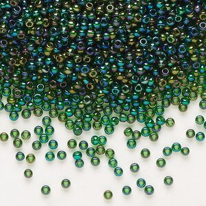 Seed bead, Preciosa Ornela Czech glass, pkg/500g, #11 rocaille, translucent rainbow medium green, (51060).