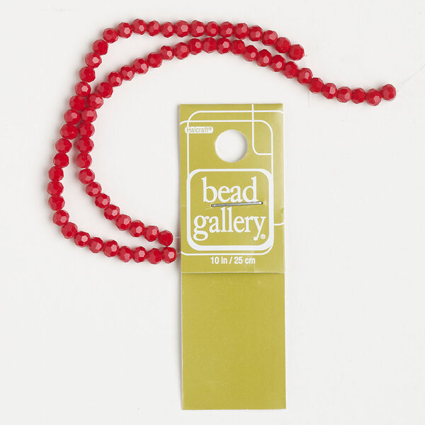 Bead, glass, pkg/10 inches, opaque red, 4mm faceted round. image number 0